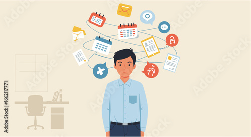 Conceptual illustration portrays a man overwhelmed by a multitude of tasks and deadlines, emphasizing the challenges of time management in a busy professional life.