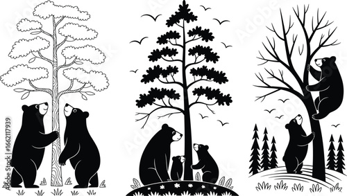 PrintCute Bear Family Forest Scene Vector with Trees, Cubs, Wildlife Animals Playing, Climbing, and Interacting in Nature Silhouette Illustration