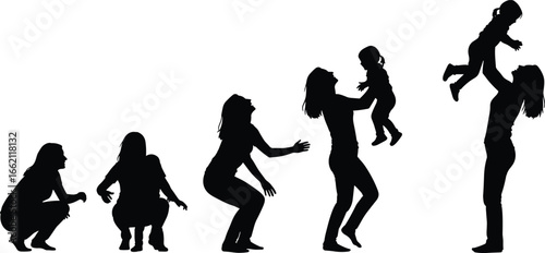 PrintMother and child playing together, family love and bonding, joyful motherhood moments, child growth and development, silhouette vector illustration.
