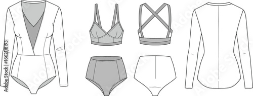 Flat sketch of women’s lingerie set with bralette, high waist panties, long sleeve bodysuit, technical fashion drawing vector illustration