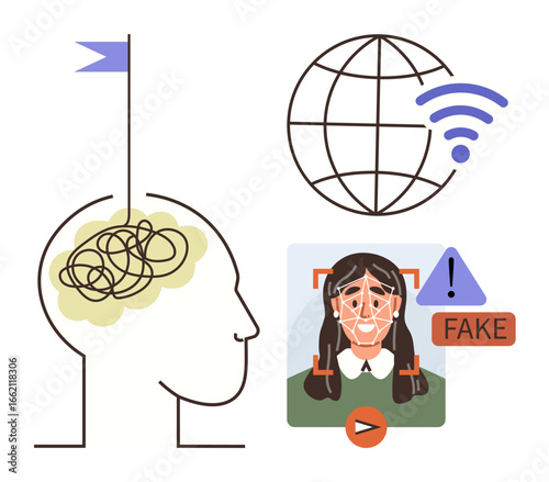 Profile with tangled brain, globe with wireless, and deepfake detection alert highlight challenges of AI, misinformation, identity risk, ethical technology. Ideal for tech, AI, media reliability