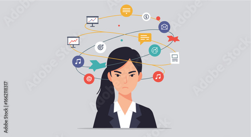 A stressed businesswoman overwhelmed by digital information and tasks swirling around her head, symbolizing information overload.