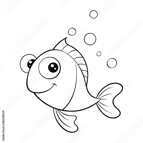 A playful cartoon fish swims among cheerful bubbles, perfect for coloring fun. Kids can add vibrant colors to this underwater scene full of joy and imagination.
