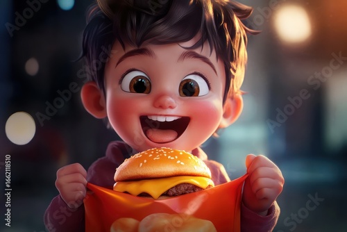 Excited boy unwrapping cheeseburger meal