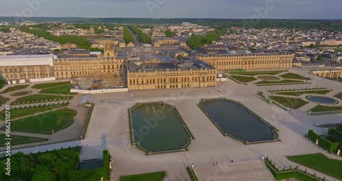 Aerial view of Palace of Versailles and the gardens surrounding it, France