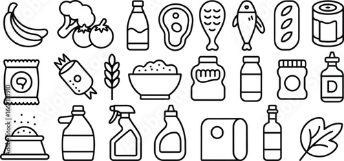 Vectorizer grocery food icons, line style supermarket items, organic produce, daily essentials, household goods, editable nutrition and kitchen symbol