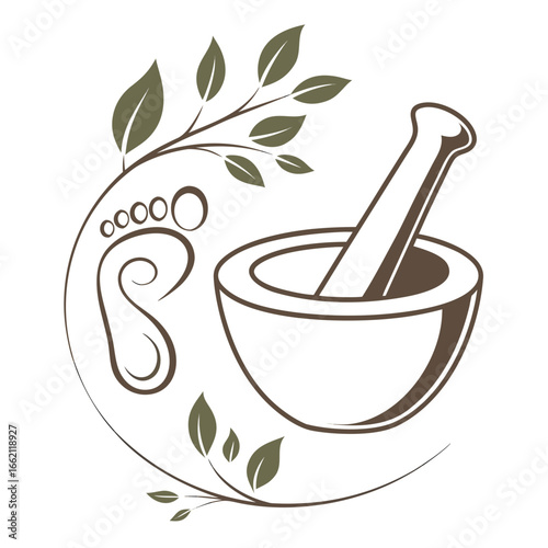 Illustration of a foot, mortar and pestle with leaves, representing natural medicine and holistic health