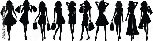 PrintSilhouette illustration of fashionable women walking confidently carrying shopping bags, showcasing style, elegance, and modern shopping lifestyle concept.