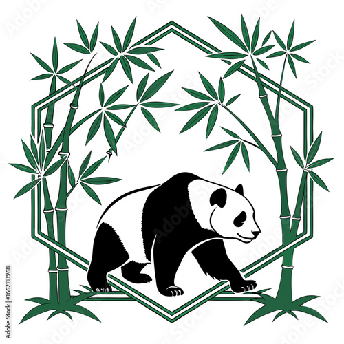 Illustration of a panda bear walking inside a decorative hexagon frame surrounded by bamboo stalks