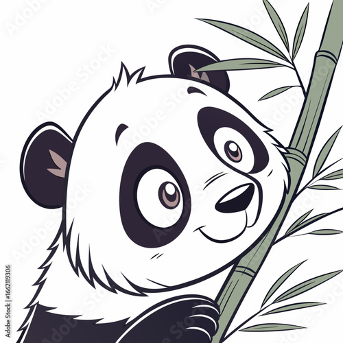 Vector art of cute panda clinging to bamboo stalk, a charming cartoon illustration of wildlife in its natural habitat, perfect for childrens designs