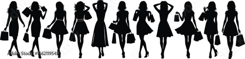 PrintSilhouette illustration of stylish women walking with shopping bags, showcasing elegance, fashion, confidence, and modern lifestyle shopping spree concept.