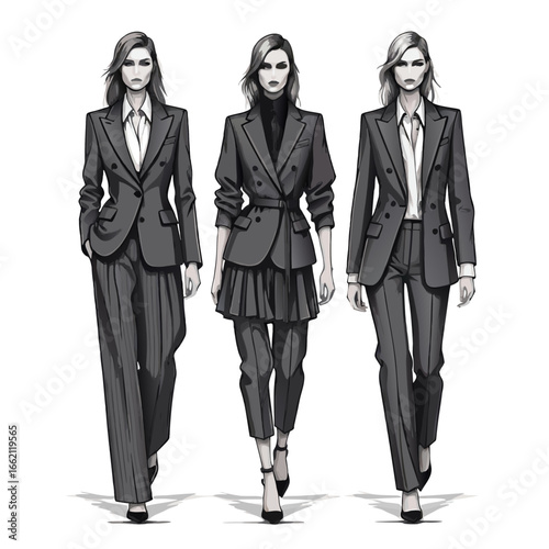 Elegant Women in Stylish Gray Suits Posing in Modern Business Attire