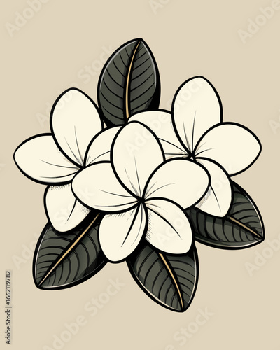 A beautiful illustration of white plumeria flowers with dark green leaves on a beige background