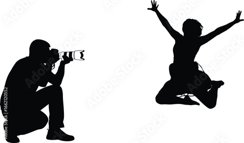 PrintSilhouette vector of crouching photographer with long lens capturing energetic jumping subject with raised arms and bent legs on white background