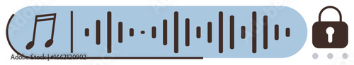 Audio waveform, music note, and lock icon signify secure audio, privacy, copyright protection, and safe sharing. Ideal for technology, music, security data privacy innovation and digital access