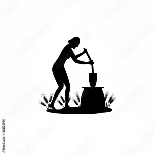  Farmer woman grinding grain on traditional grinder silhouette on white background