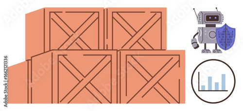 Stacked wooden crates with a robot holding a shield and analyzing a data chart. Ideal for logistics, automation, warehouse protection, inventory management, supply chain, data analysis, simple flat
