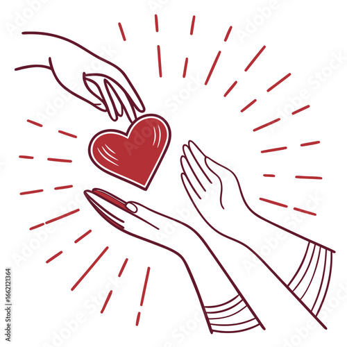 A hand gently passes a red heart to another open hand with radiating lines symbolizing love and connection