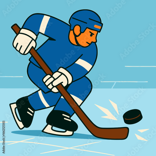 A Determined Hockey Player In Blue Skates On The Ice Rink Eyes On The Puck About To Strike