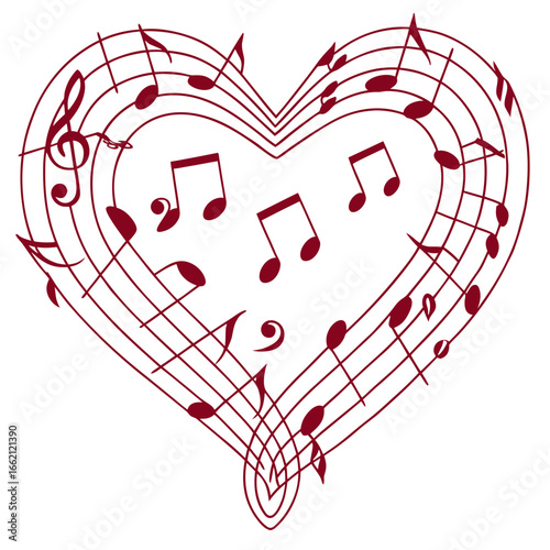 A heart shape formed by musical staff lines and notes in a rich maroon color on a white background