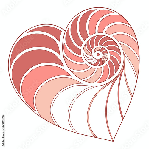 Abstract nautilus shell spiral forming a heart shape with graduated pink tones and outline