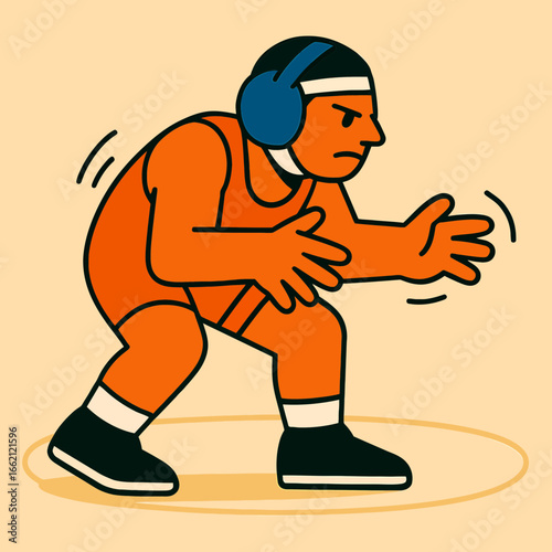 Determined Wrestler In Orange Singlet Prepares To Compete On A Beige Mat Focused And Intense