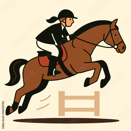 Flat Vector Illustration Shows Equestrian Rider With Horse Jumping Over Fence Obstacle Course Style