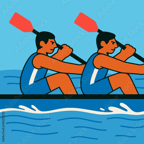 Two Rowers Powerfully Rowing In A Tandem Rowing Boat On A Blue Water Flat Vector Style