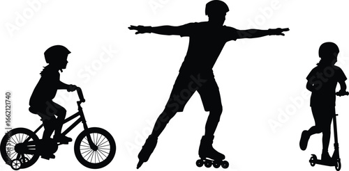 PrintSilhouettes of children wearing helmets riding bicycle with training wheels, roller skating, and riding scooter outdoors practicing safety.