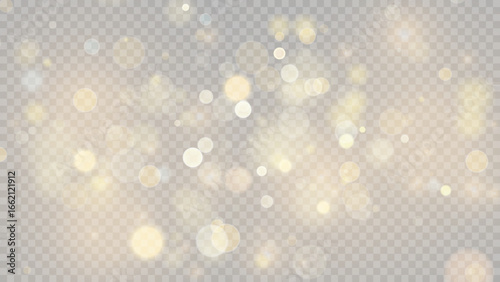 Golden dust light png. Christmas glowing bokeh confetti and sparkle overlay texture for your design. Stock royalty free vector illustration. PNG	