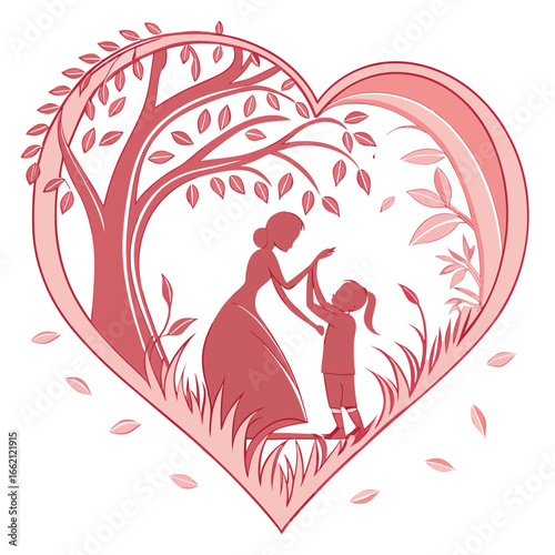 Loving mother and daughter silhouette sharing a tender moment under a tree within a heart shape