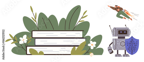 Books surrounded by plants, robot holding shield for cybersecurity, man flying with jetpack. Ideal for learning, technology, innovation, protection, growth creativity knowledge. Simple flat
