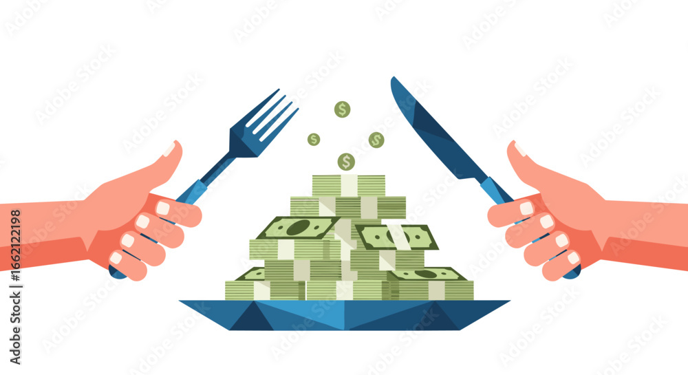Fototapeta premium Hands holding fork and knife ready to eat pile of money on a plate with coins floating above symbolizing wealth and financial success