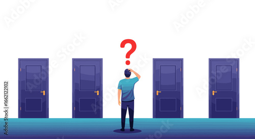 Man standing in front of four doors confused with a question mark above his head making a decision about which path to take in life