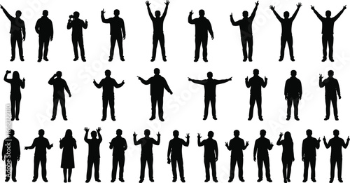 PrintSilhouettes of diverse men and women standing in various expressive poses, showing hand gestures, waving, pointing, and celebration vector illustration