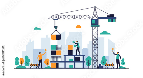 Diverse construction workers collaborate to build a modern city skyline with towering cranes and diverse building structures representing urban development and progress