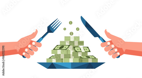 Hands holding fork and knife ready to eat pile of money on a plate with coins floating above symbolizing wealth and financial success