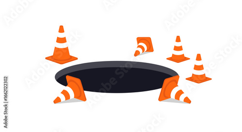 Safety cones surround a dark circular hole on a white background representing a hazard or danger zone