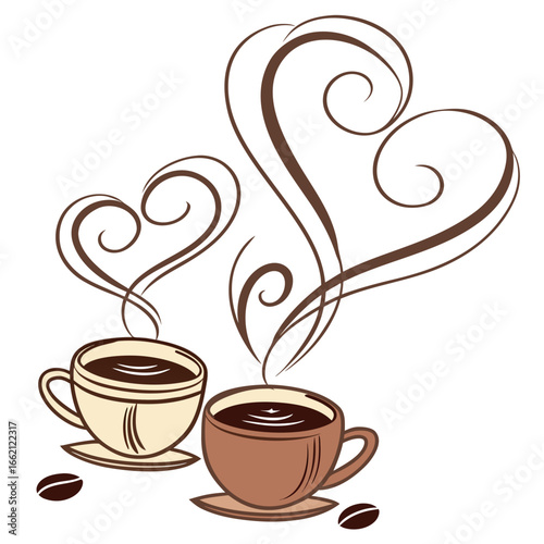 Two steaming cups of coffee with decorative heart shaped steam rising above them symbolizing love