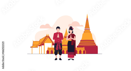 Traditional southeast asian couple greeting in front of golden pagoda and temples in a serene landscape