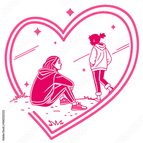 Two young women in casual clothing sharing a moment within a large pink heart outline with sparkling accents