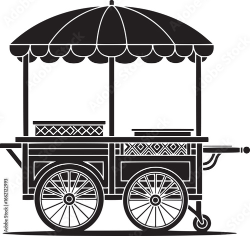 Vintage street food cart silhouette with umbrella retro snack stall vector illustration