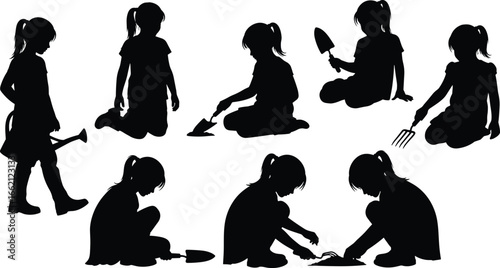 PrintSilhouettes of young girl gardening with watering can, digging soil, using shovel and rake, playing outdoors, nurturing plants, nature activity.
