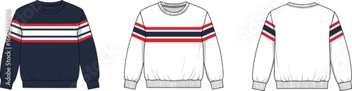Men sweatshirt cad flat sketch, fashion vector illustration, striped pullover design, casual clothing, sportswear apparel, winter wear, long sleeve
