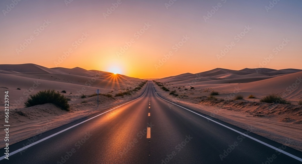 Fototapeta premium Straight desert road at golden sunset, reflecting vibrant sky colors on the asphalt, surrounded by sand dunes.