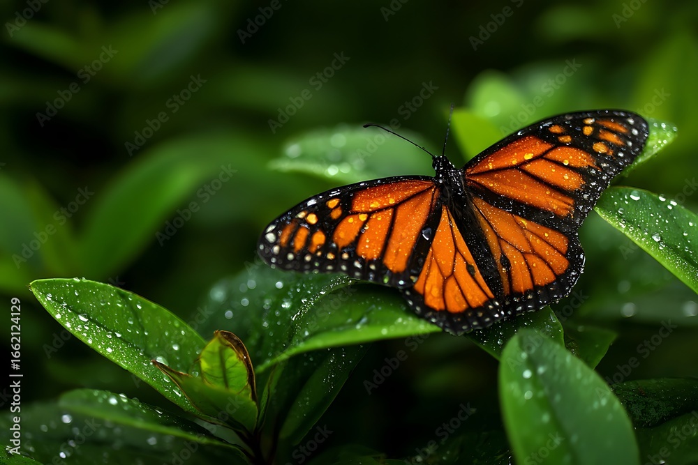 Obraz premium A monarch butterfly rests on lush green foliage, its vivid orange and black wings glistening with tiny water droplets, reflecting the beauty of nature.