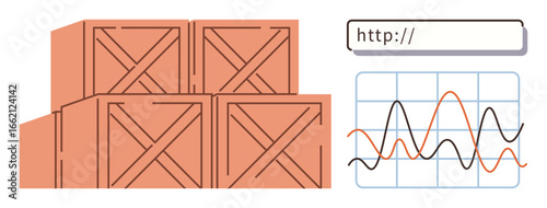Stacked wooden crates next to a graph with fluctuating lines and a URL bar, symbolizing inventory control, e-commerce, logistics, supply chain analytics, data visualization, shipping, and online