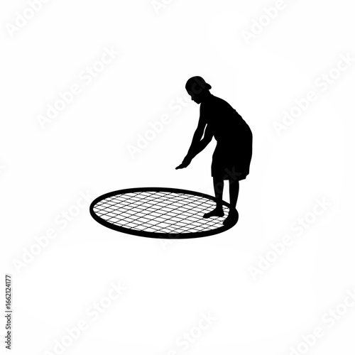 Farmer woman winnowing grain using round bamboo tray silhouette on white background