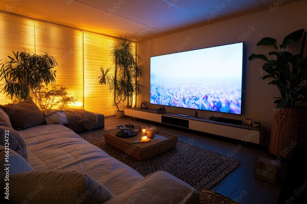 Fototapeta premium Flat-screen TV mockup in cozy living room