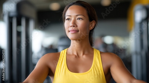 A focused woman in a yellow tank top exercises in a gym, showcasing strength and determination. The setting is bright and energetic, ideal for fitness themes. Free Download A focused woman in a yellow tank top exercises in a gym, showcasing strength and determination. The setting is bright and energetic, ideal for fitness themes. - GFXLoad